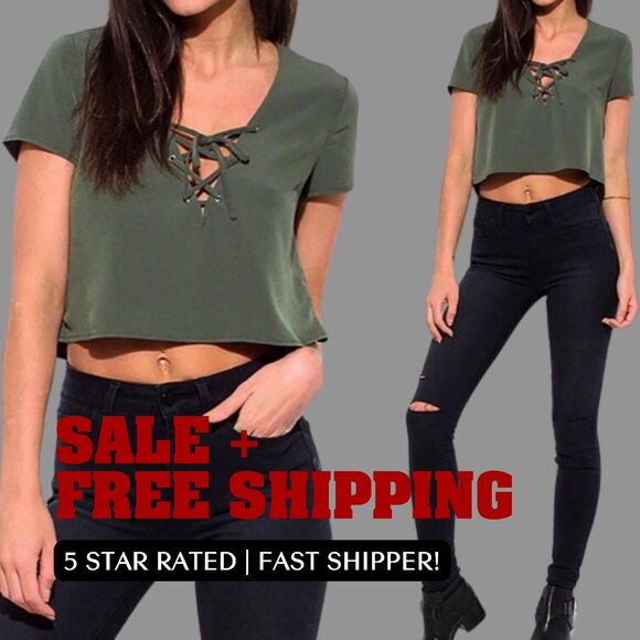 Tops - Green Lace Up Crop Top